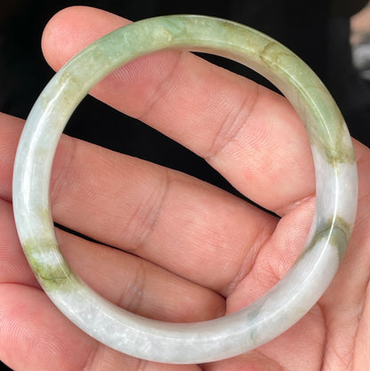 Natural Burmese Jadeite Jade Bangle – Icy Greyish Milky White with Apple Green Hues – 57 mm – JB360