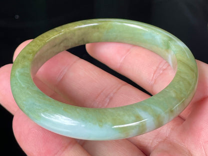 Natural Certified Burmese Jadeite Jade Bangle – Icy Forest Green with Bluish and Milky White Hues – 54.7mm – JB353