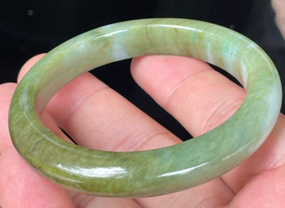 Natural Certified Burmese Jadeite Jade Bangle – Icy Forest Green with Bluish and Milky White Hues – 54.7mm – JB353