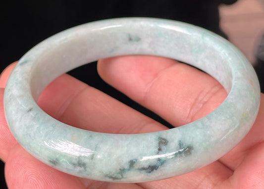 Natural Certified Burmese Jadeite Jade Bangle – Icy Greyish Milky White with Apple Green and Honey Hues – 55mm – JB350