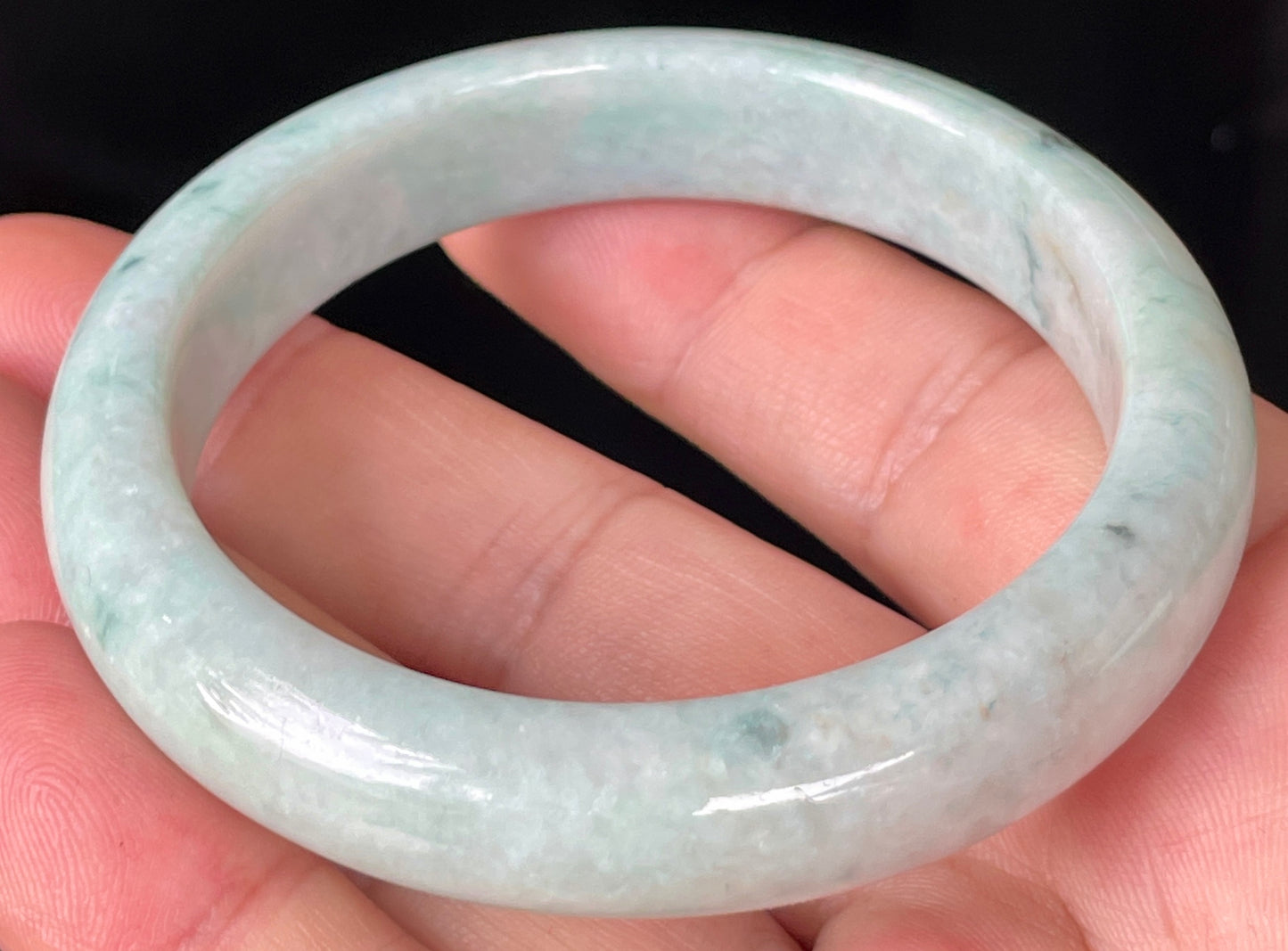 Natural Certified Burmese Jadeite Jade Bangle – Icy Greyish Milky White with Apple Green and Honey Hues – 55mm – JB350