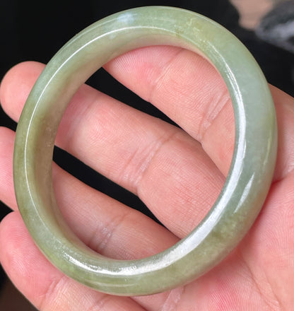 Natural Certified Burmese Jadeite Jade Bangle – Icy Apple Green with Milky White and Honey Brown Hues – 53mm – JB355