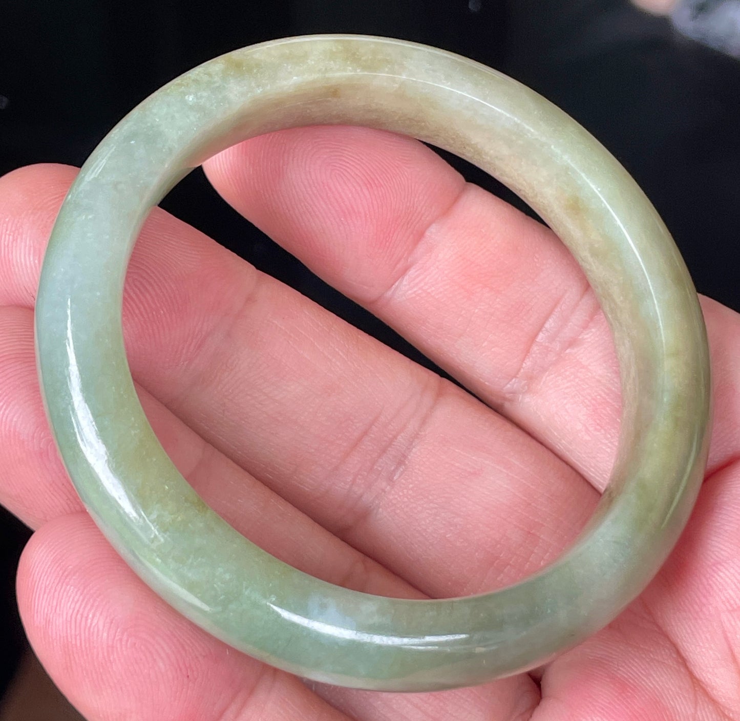 Natural Certified Burmese Jadeite Jade Bangle – Icy Apple Green with Milky White and Honey Brown Hues – 53mm – JB355