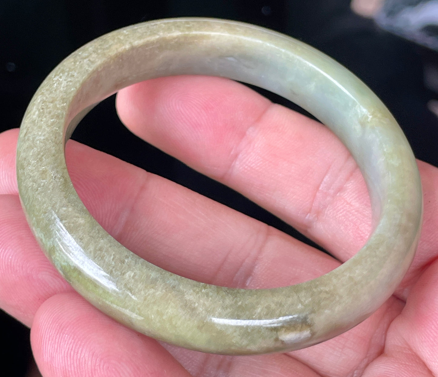 Natural Certified Burmese Jadeite Jade Bangle – Icy Apple Green with Milky White and Honey Brown Hues – 53mm – JB355