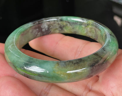 Natural Certified Burmese Jadeite Jade Bangle – Icy Apple & Imperial Green with Black and Honey Hues – 54.5mm – JB351
