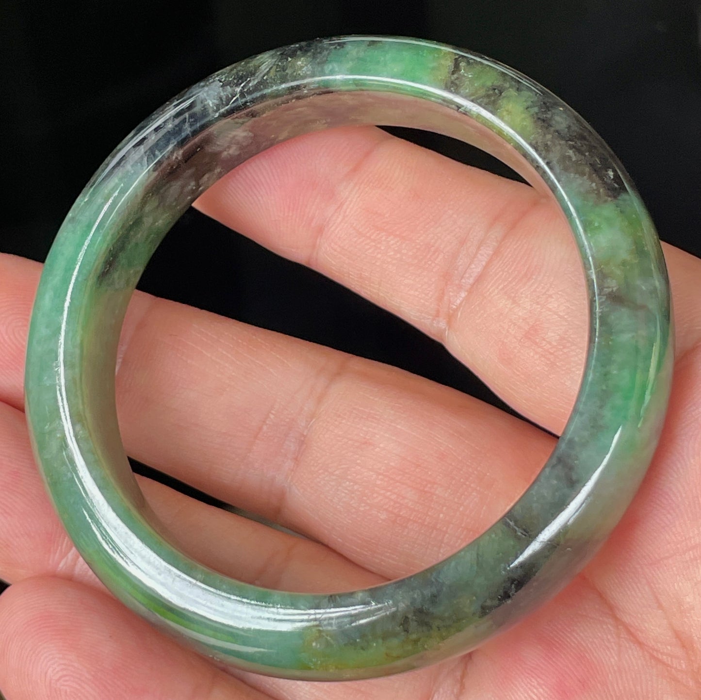 Natural Certified Burmese Jadeite Jade Bangle – Icy Apple & Imperial Green with Black and Honey Hues – 54.5mm – JB351