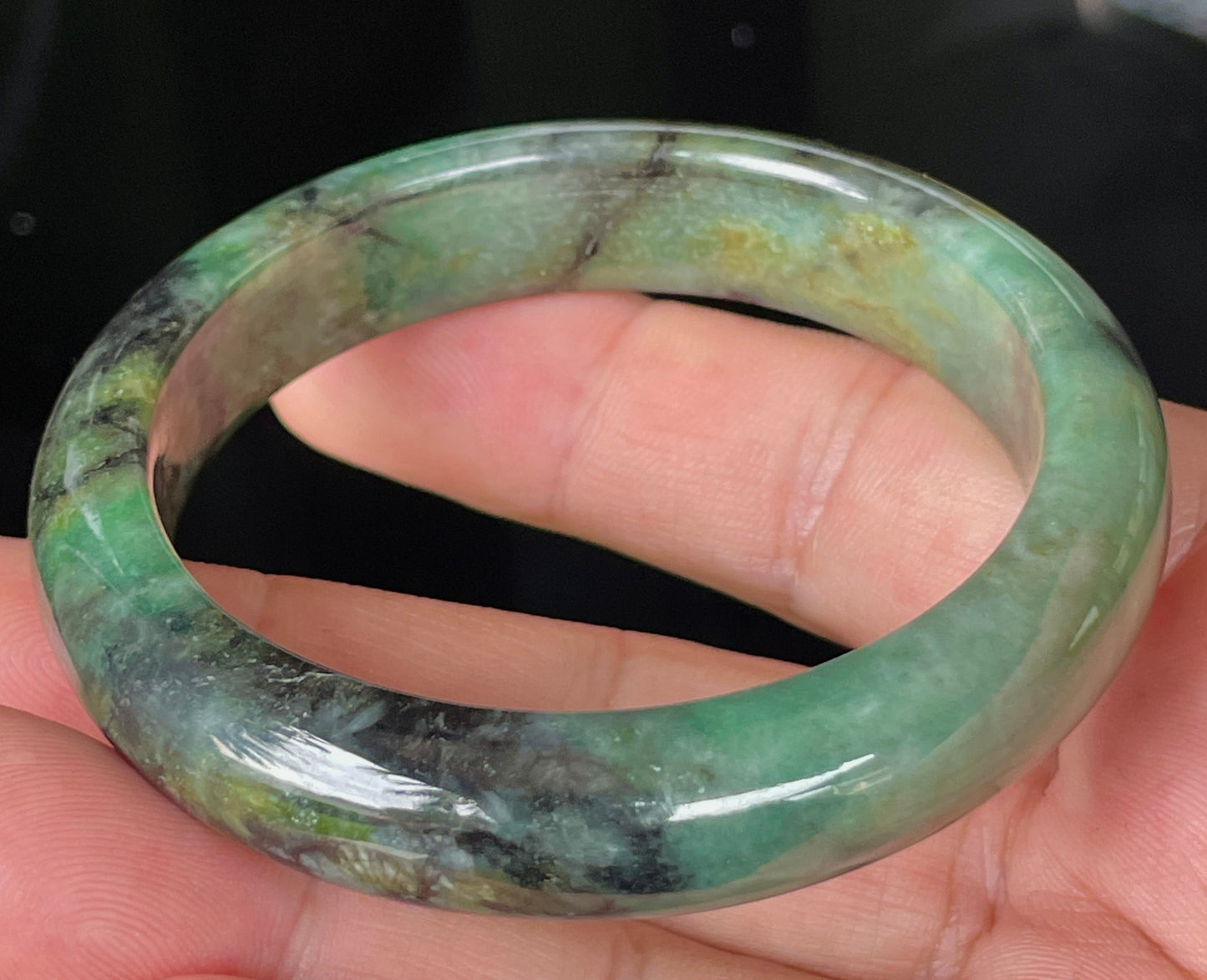 Natural Certified Burmese Jadeite Jade Bangle – Icy Apple & Imperial Green with Black and Honey Hues – 54.5mm – JB351