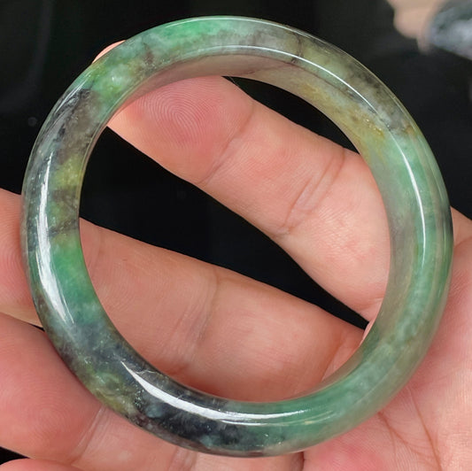 Natural Certified Burmese Jadeite Jade Bangle – Icy Apple & Imperial Green with Black and Honey Hues – 54.5mm – JB351