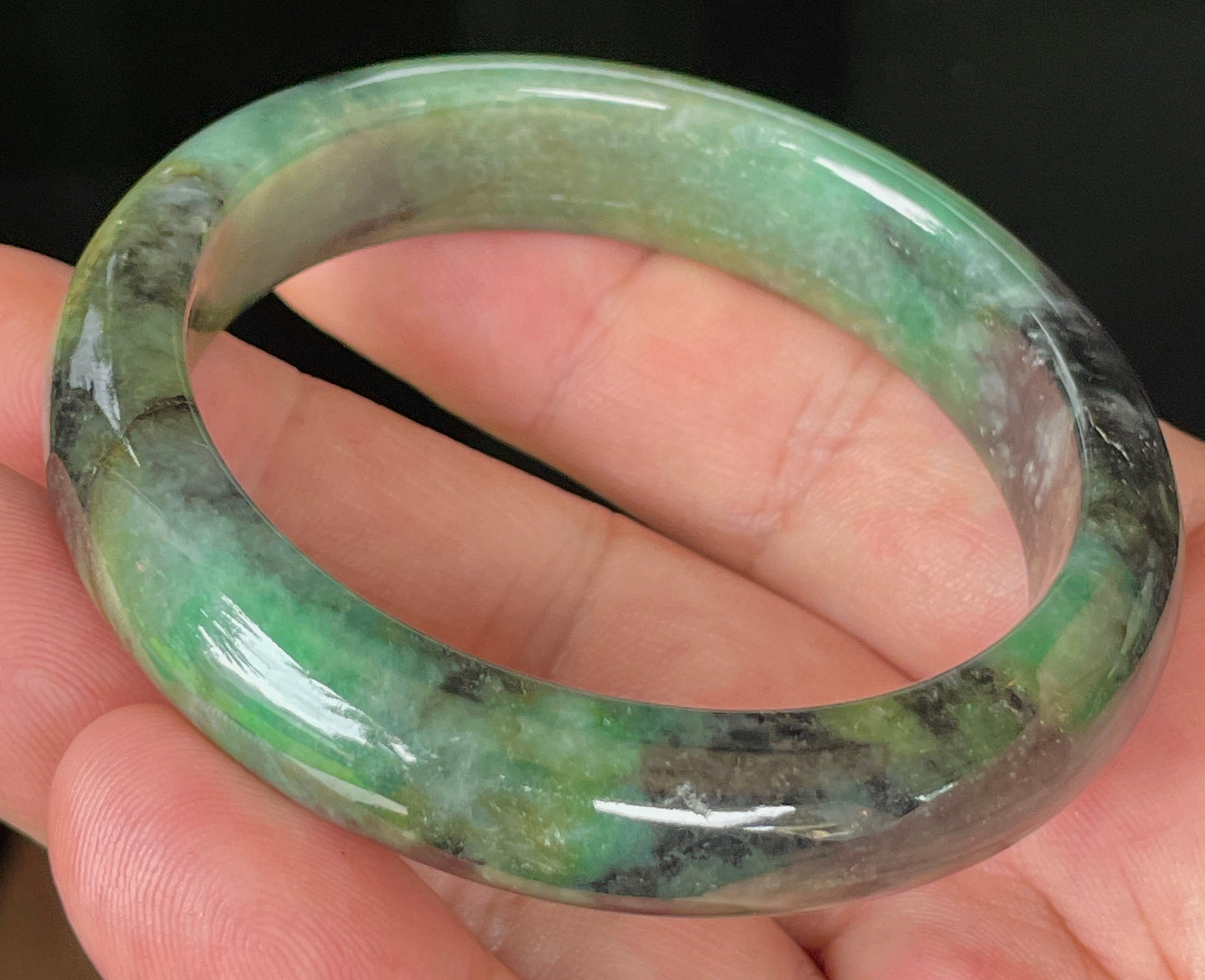 Natural Certified Burmese Jadeite Jade Bangle – Icy Apple & Imperial Green with Black and Honey Hues – 54.5mm – JB351