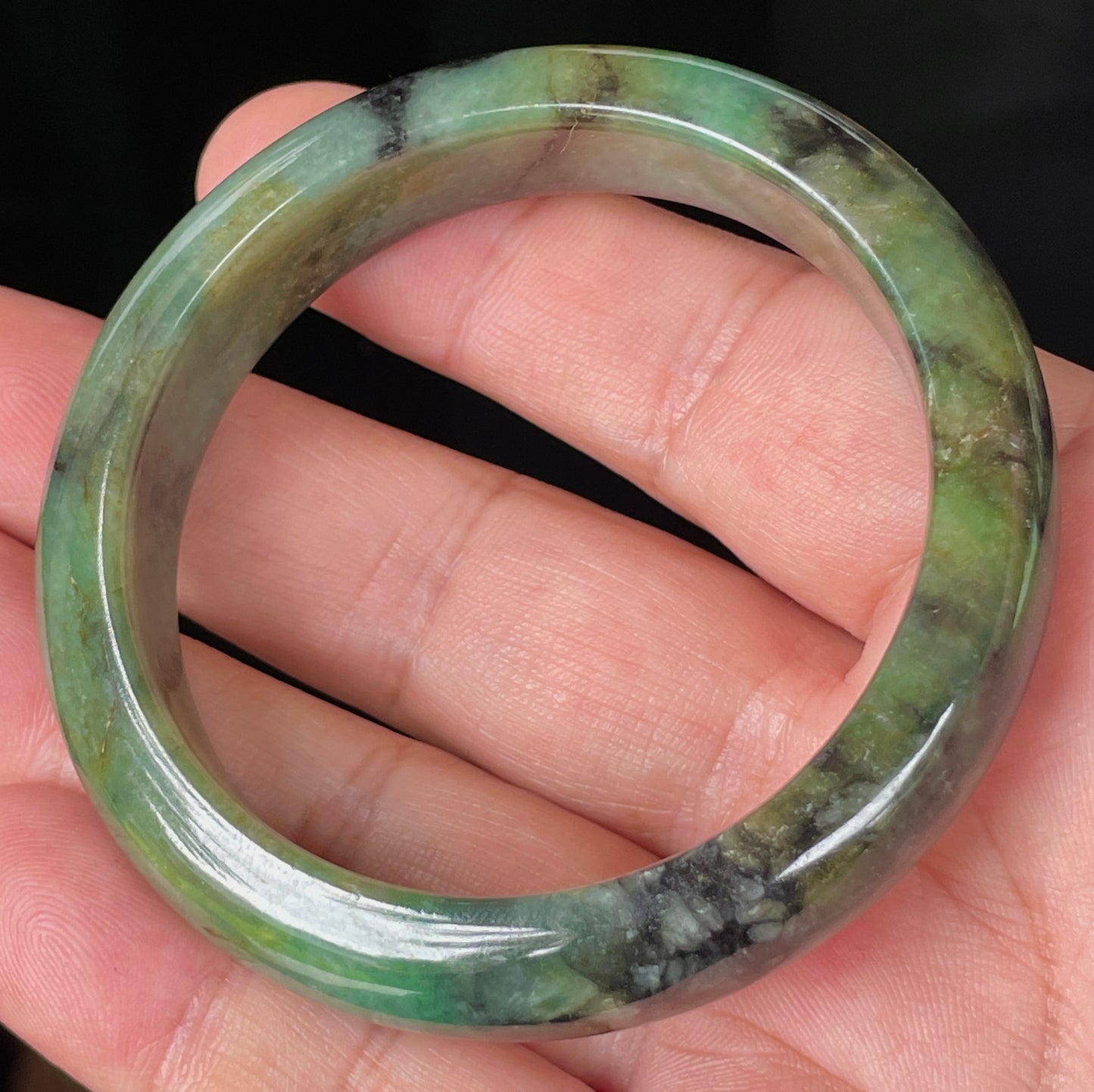 Natural Certified Burmese Jadeite Jade Bangle – Icy Apple & Imperial Green with Black and Honey Hues – 54.5mm – JB351