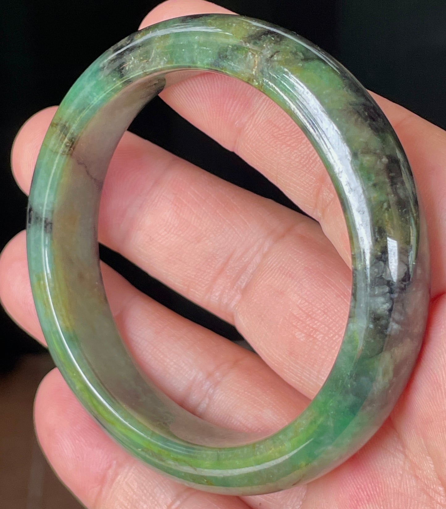 Natural Certified Burmese Jadeite Jade Bangle – Icy Apple & Imperial Green with Black and Honey Hues – 54.5mm – JB351