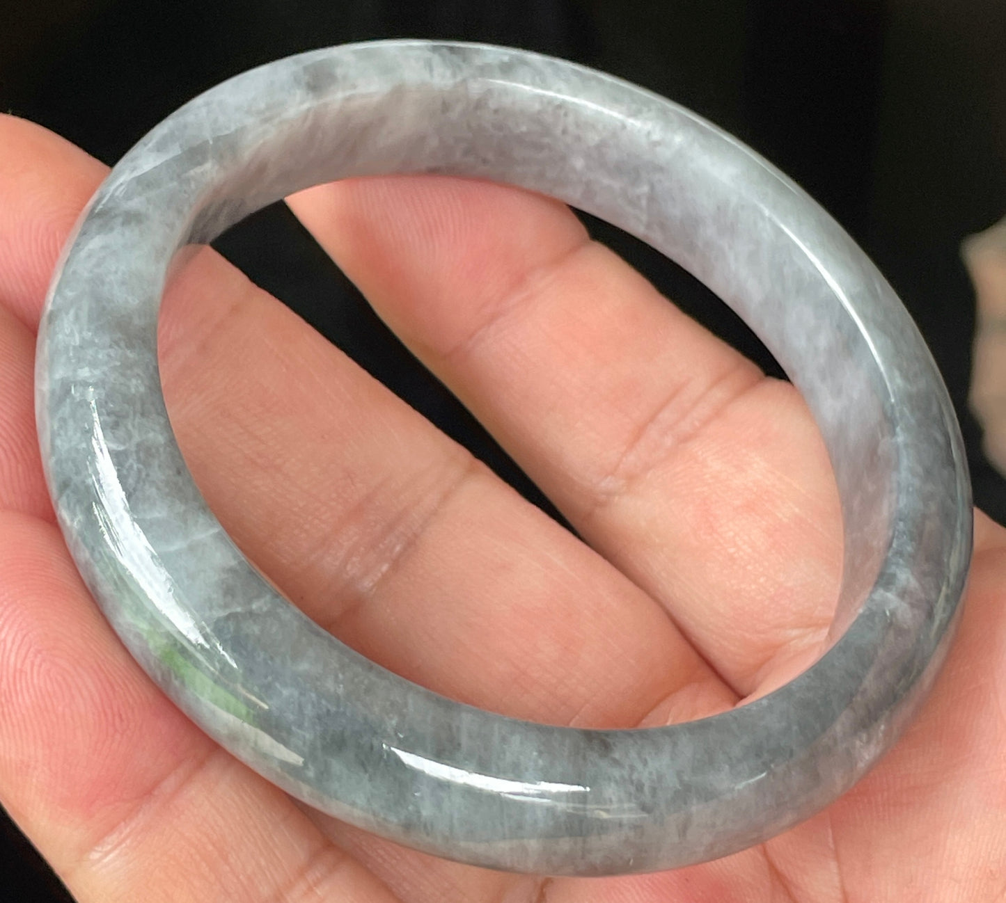 Natural Burmese Jadeite Jade Bangle – Icy Grey with Milky White and Honey Hues – 57mm – JB364