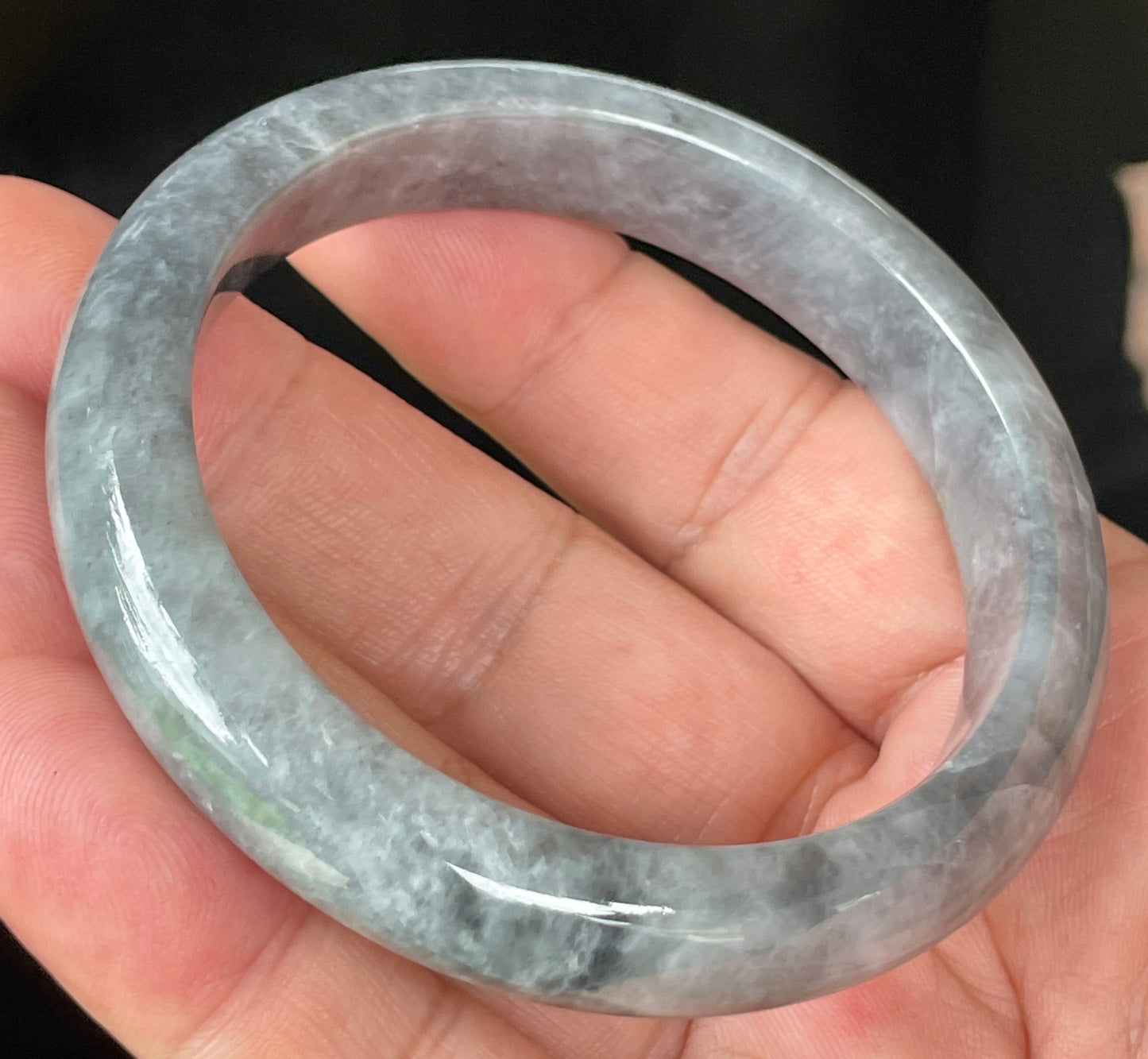 Natural Burmese Jadeite Jade Bangle – Icy Grey with Milky White and Honey Hues – 57mm – JB364