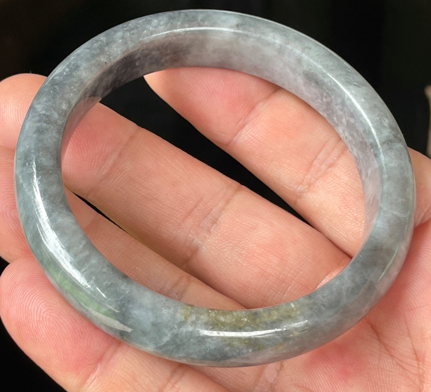 Natural Burmese Jadeite Jade Bangle – Icy Grey with Milky White and Honey Hues – 57mm – JB364