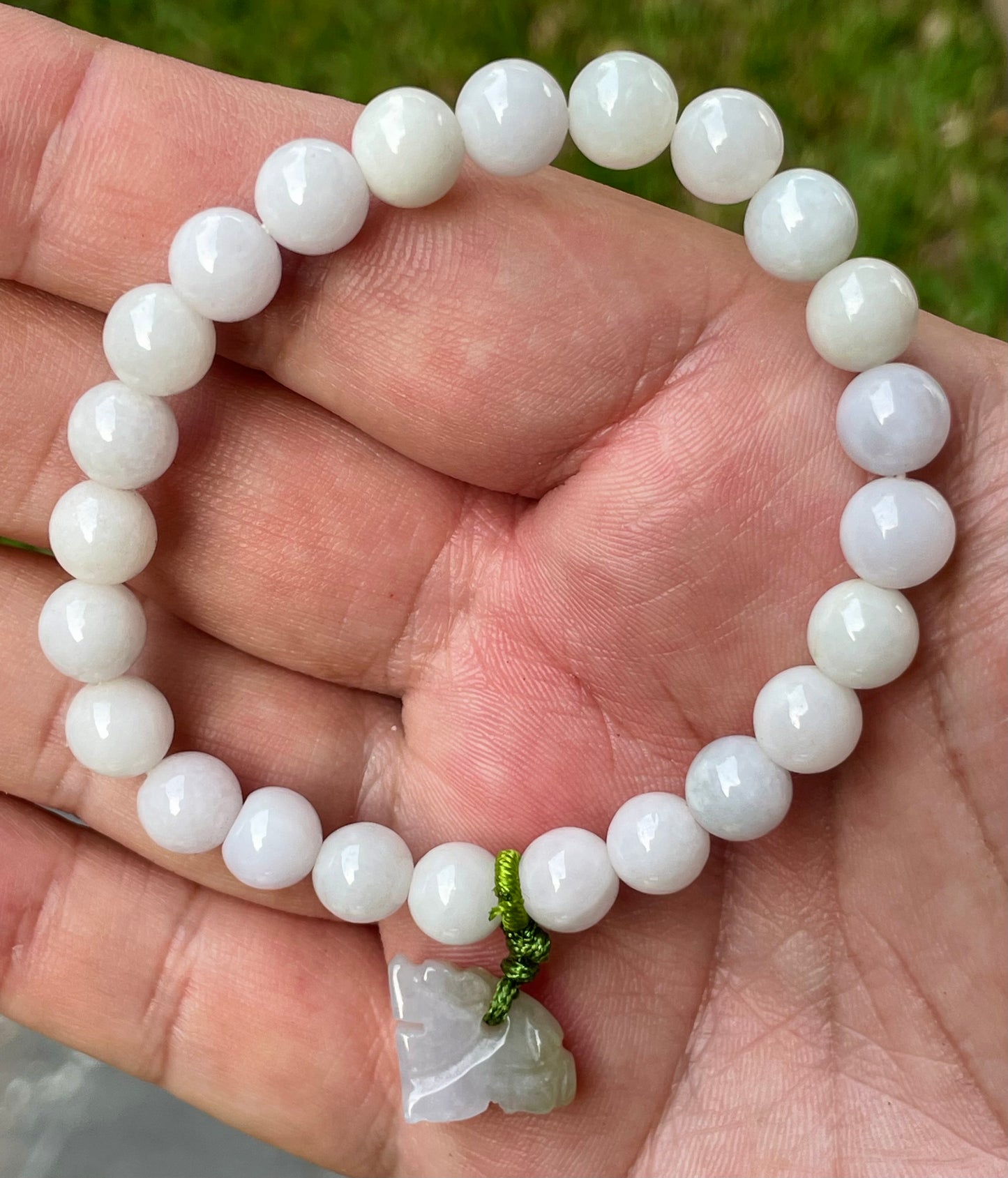 Natural Burmese Jadeite Jade Beaded Bracelet – Milky White, Light Lavender hues – Hand-Carved Tiger Pendant – 8mm – JBB177