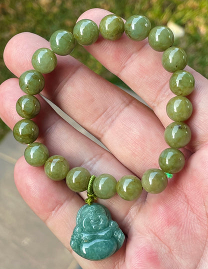 Natural Burmese Jadeite Jade Beaded Bracelet – Olive Green – Hand-Carved Laughing Buddha Pendant – 9mm – JBB179
