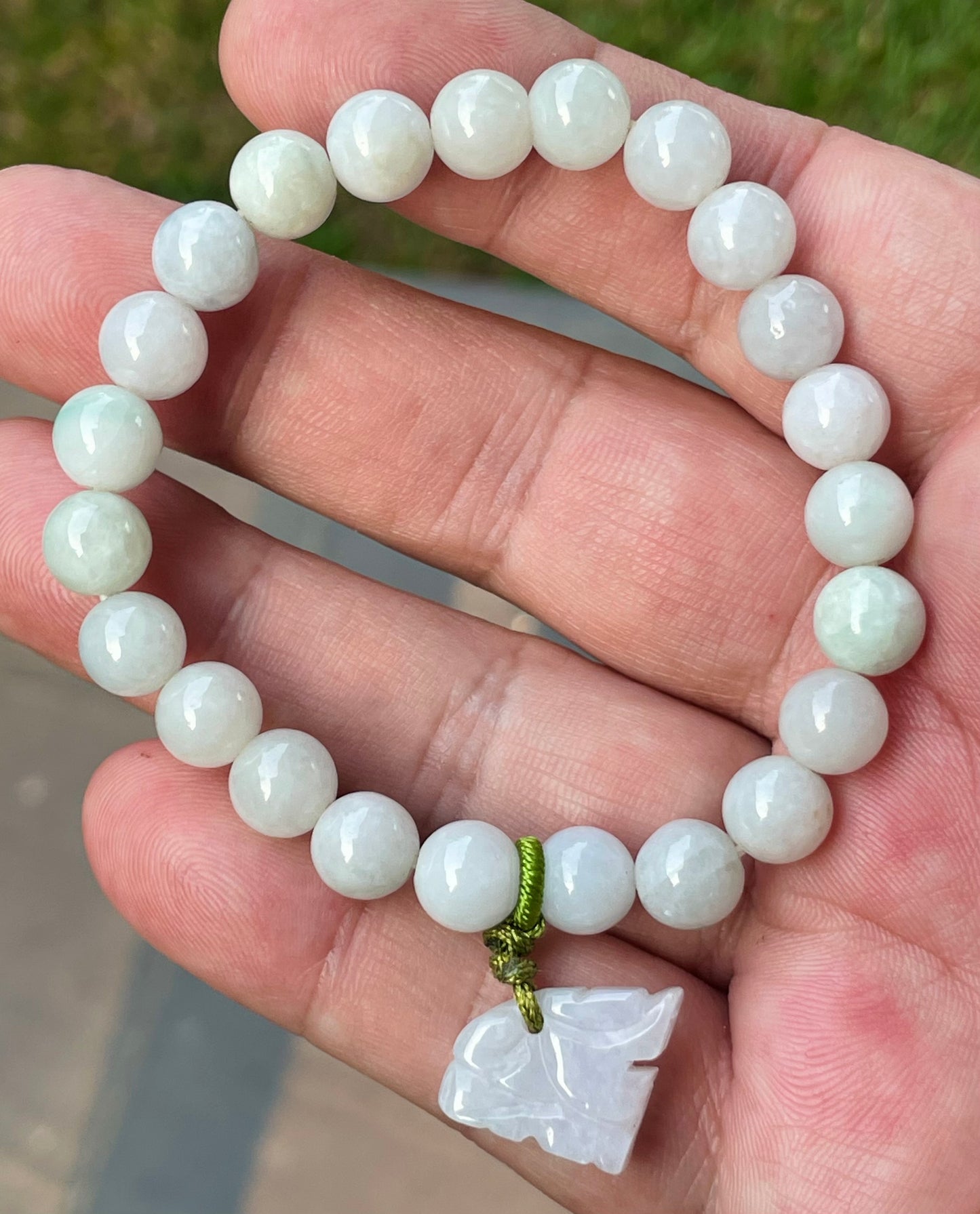 Natural Burmese Jadeite Jade Beaded Bracelet – Milky White, Faint Apple Green – Hand-Carved Tiger Pendant – 8mm – JBB180