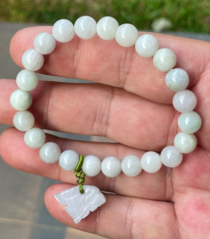 Natural Burmese Jadeite Jade Beaded Bracelet – Milky White, Faint Apple Green – Hand-Carved Tiger Pendant – 8mm – JBB180