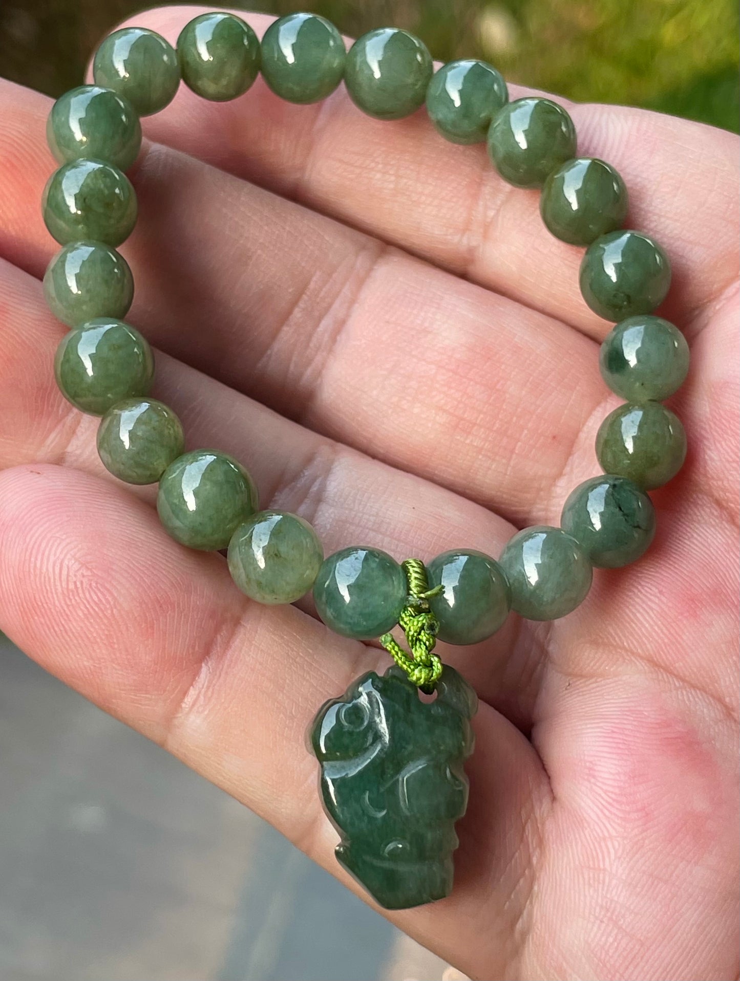 Natural Burmese Jadeite Jade Beaded Bracelet – Icy Deep Mossy Green – Hand-Carved Pixiu Pendant – 8.2mm – JBB181
