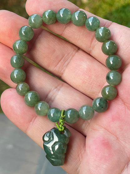Natural Burmese Jadeite Jade Beaded Bracelet – Icy Deep Mossy Green – Hand-Carved Pixiu Pendant – 8.2mm – JBB181