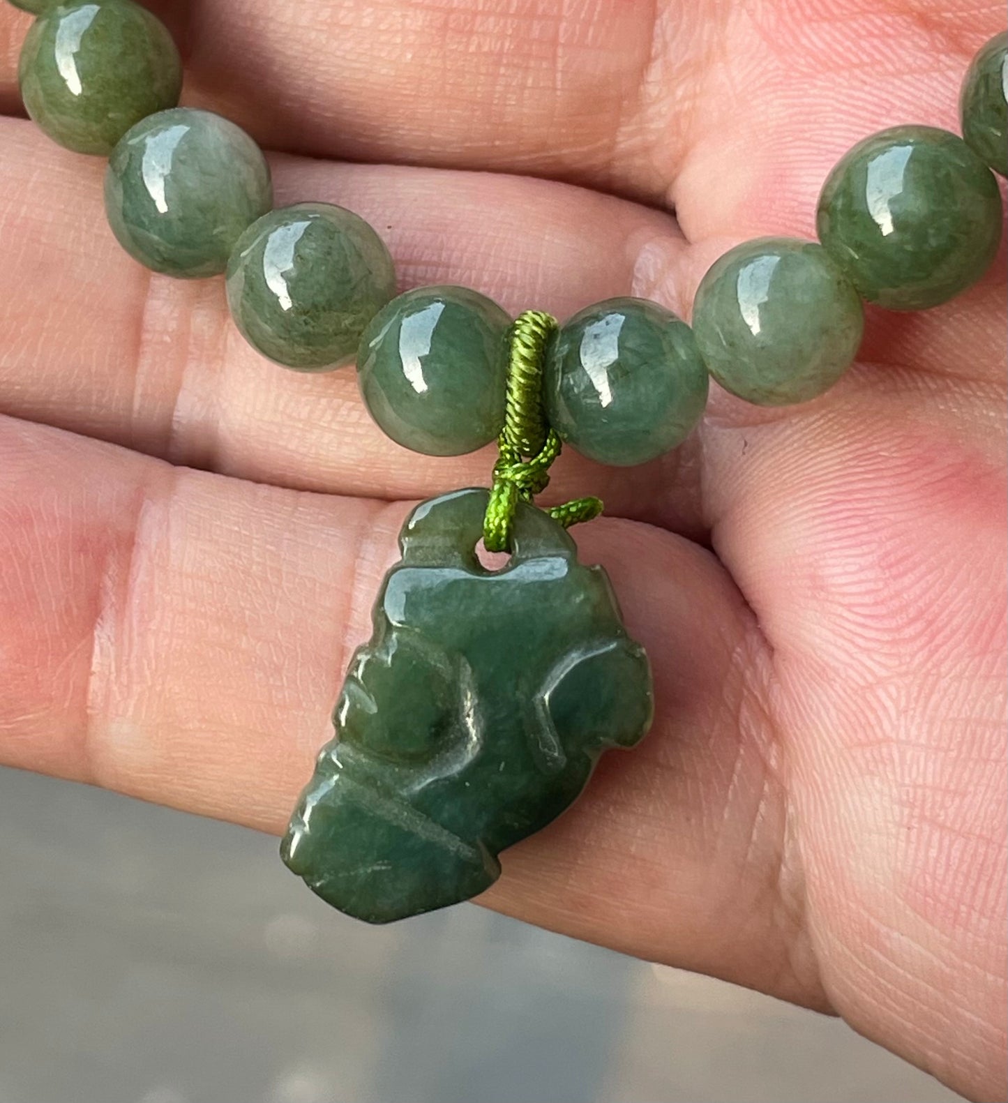 Natural Burmese Jadeite Jade Beaded Bracelet – Icy Deep Mossy Green – Hand-Carved Pixiu Pendant – 8.2mm – JBB181