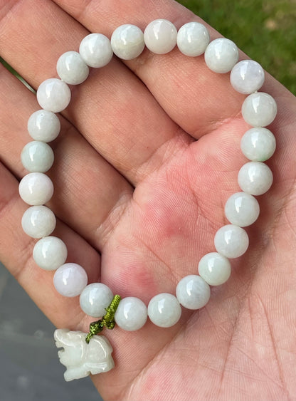 Natural Burmese Jadeite Jade Beaded Bracelet – Icy Milky White, Faint Green Hues – Hand-Carved Tiger Pendant – 8mm – JBB182