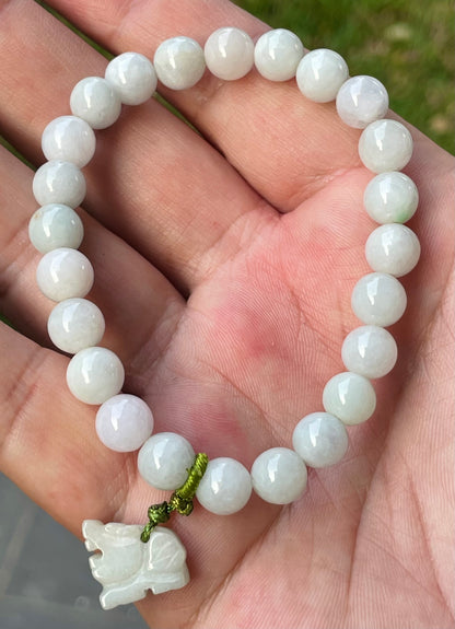 Natural Burmese Jadeite Jade Beaded Bracelet – Icy Milky White, Faint Green Hues – Hand-Carved Tiger Pendant – 8mm – JBB182