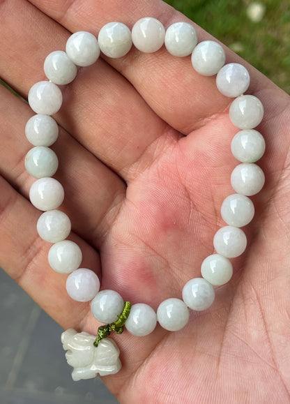 Natural Burmese Jadeite Jade Beaded Bracelet – Icy Milky White, Faint Green Hues – Hand-Carved Tiger Pendant – 8mm – JBB182