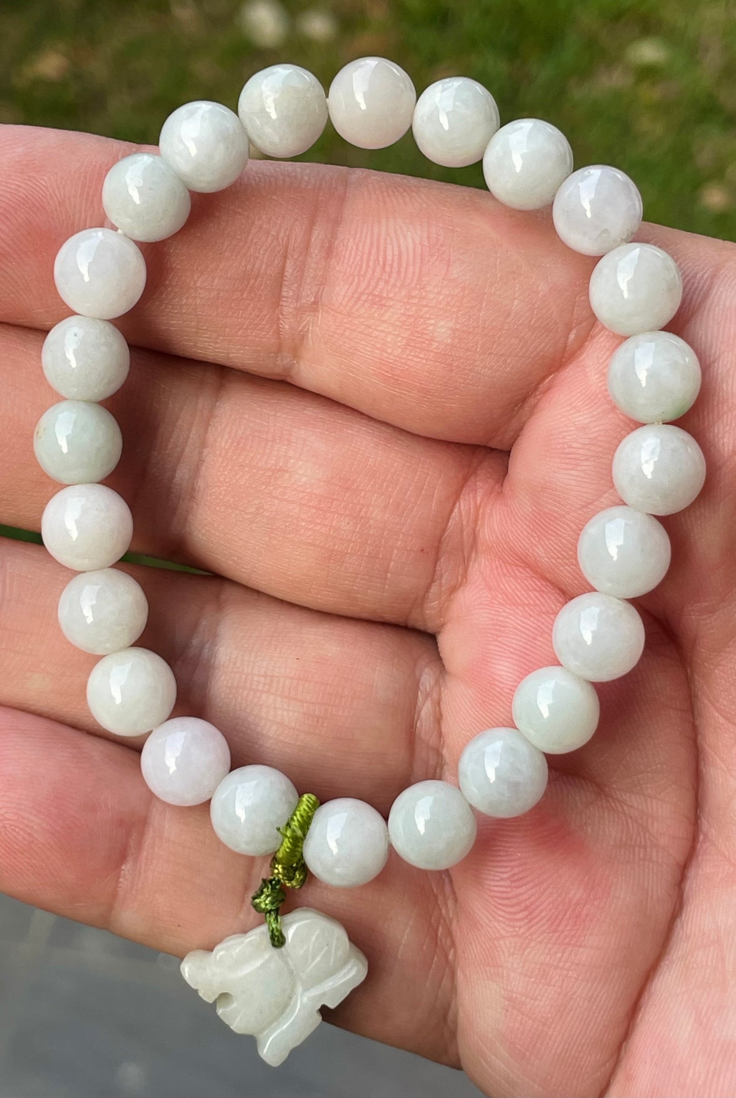 Natural Burmese Jadeite Jade Beaded Bracelet – Icy Milky White, Faint Green Hues – Hand-Carved Tiger Pendant – 8mm – JBB182