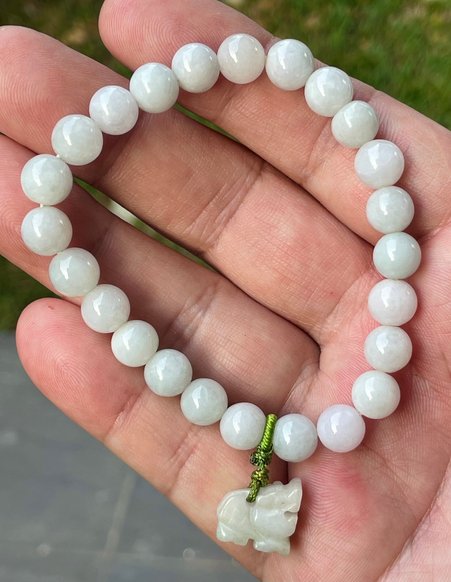 Natural Burmese Jadeite Jade Beaded Bracelet – Icy Milky White, Faint Green Hues – Hand-Carved Tiger Pendant – 8mm – JBB182