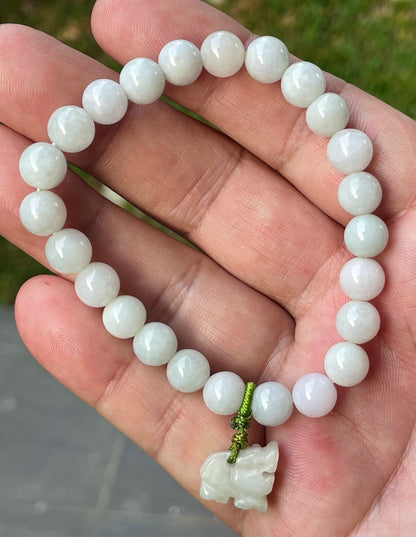 Natural Burmese Jadeite Jade Beaded Bracelet – Icy Milky White, Faint Green Hues – Hand-Carved Tiger Pendant – 8mm – JBB182