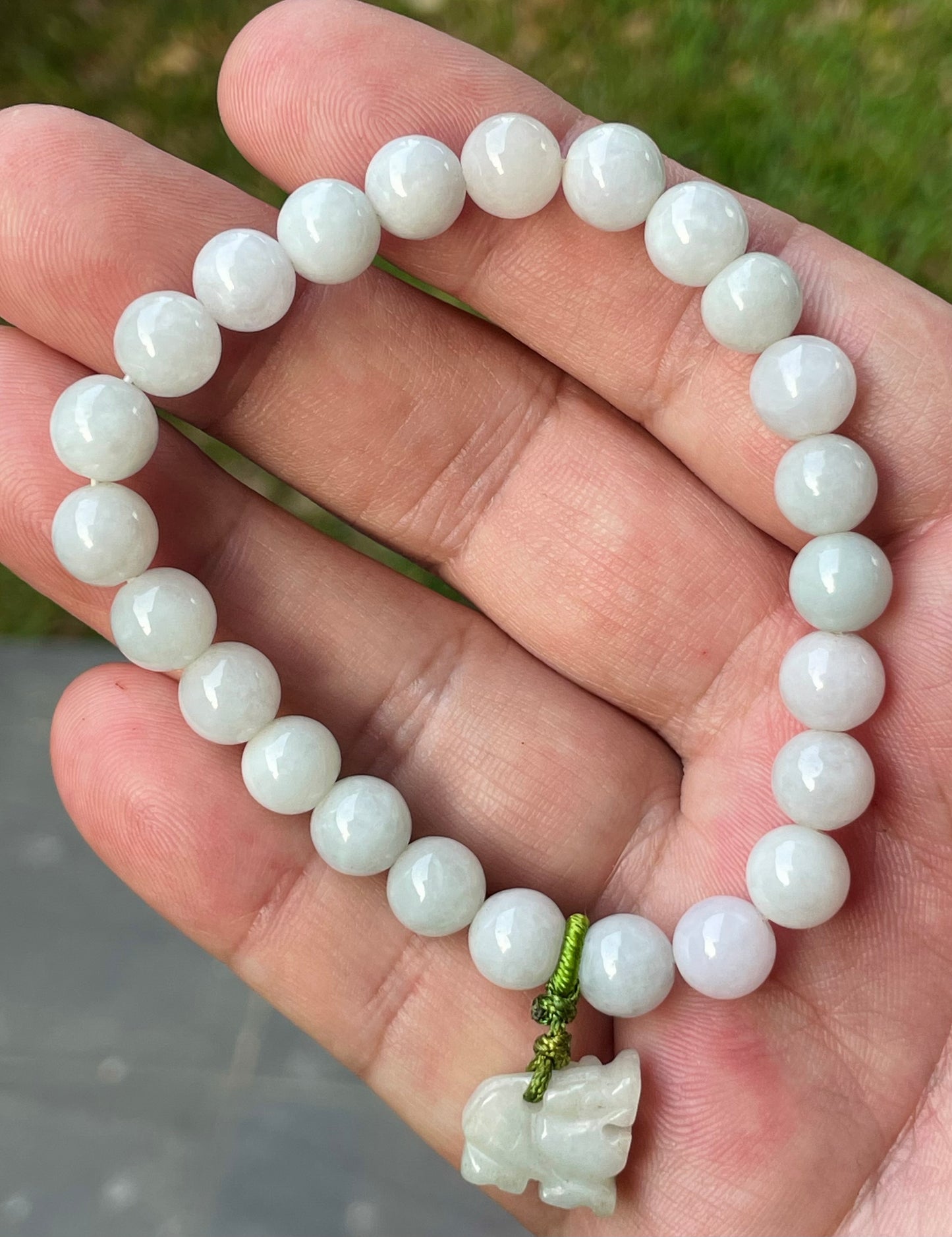 Natural Burmese Jadeite Jade Beaded Bracelet – Icy Milky White, Faint Green Hues – Hand-Carved Tiger Pendant – 8mm – JBB182