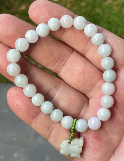Natural Burmese Jadeite Jade Beaded Bracelet – Icy Milky White, Faint Green Hues – Hand-Carved Tiger Pendant – 8mm – JBB182