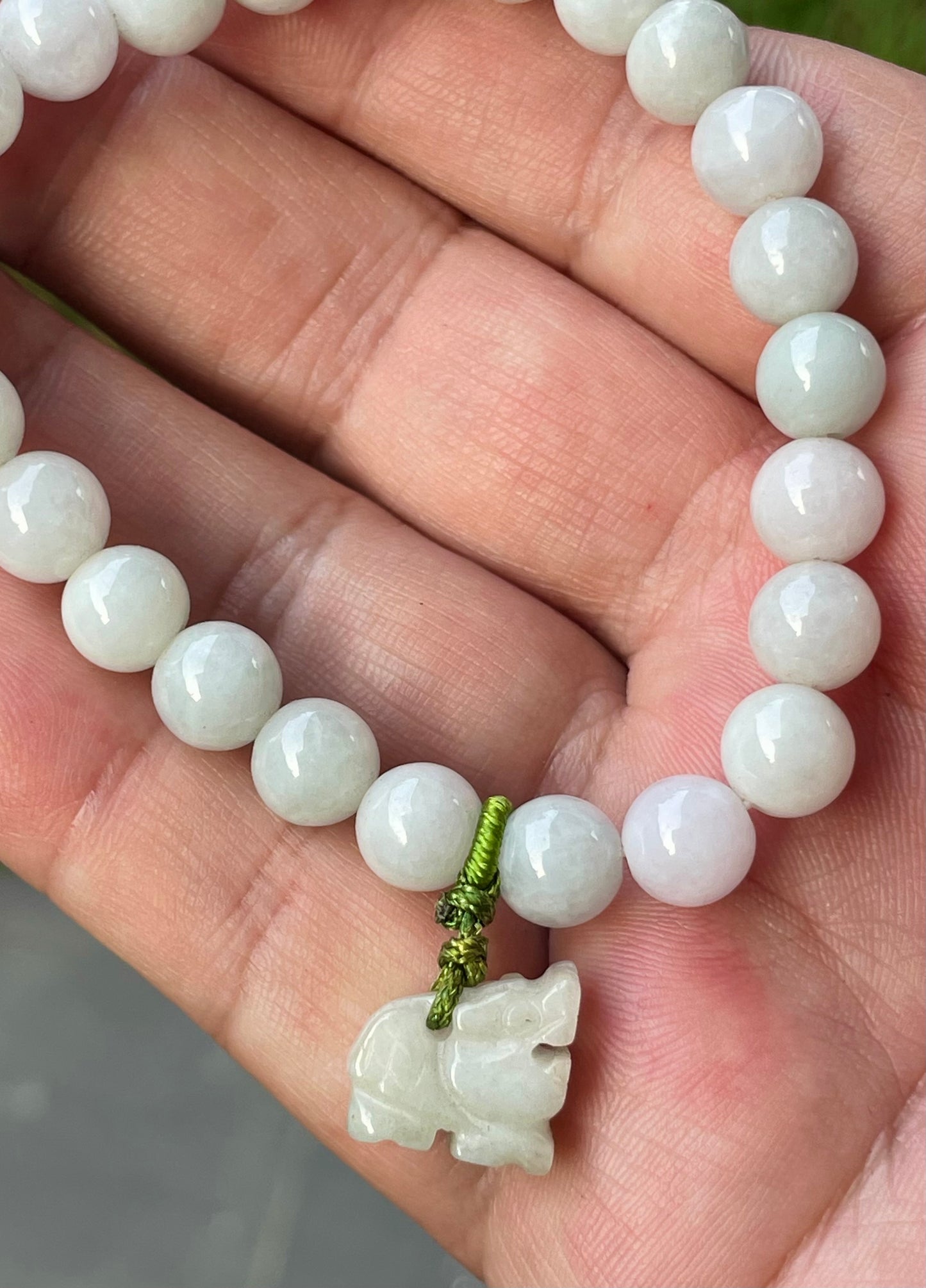 Natural Burmese Jadeite Jade Beaded Bracelet – Icy Milky White, Faint Green Hues – Hand-Carved Tiger Pendant – 8mm – JBB182