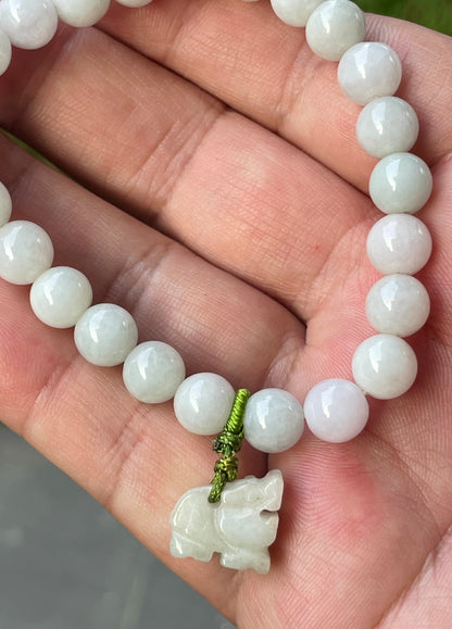 Natural Burmese Jadeite Jade Beaded Bracelet – Icy Milky White, Faint Green Hues – Hand-Carved Tiger Pendant – 8mm – JBB182