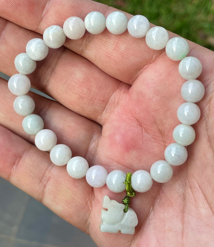 Natural Burmese Jadeite Jade Beaded Bracelet – Icy Milky White, Faint Green Hues – Hand-Carved Tiger Pendant – 8mm – JBB182