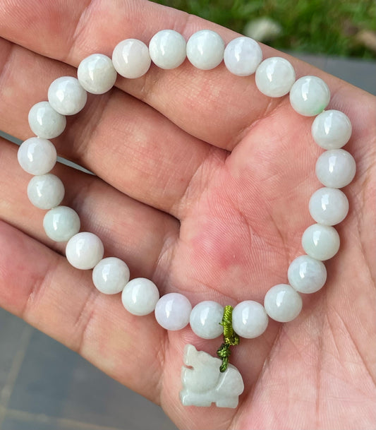 Natural Burmese Jadeite Jade Beaded Bracelet – Icy Milky White, Faint Green Hues – Hand-Carved Tiger Pendant – 8mm – JBB182