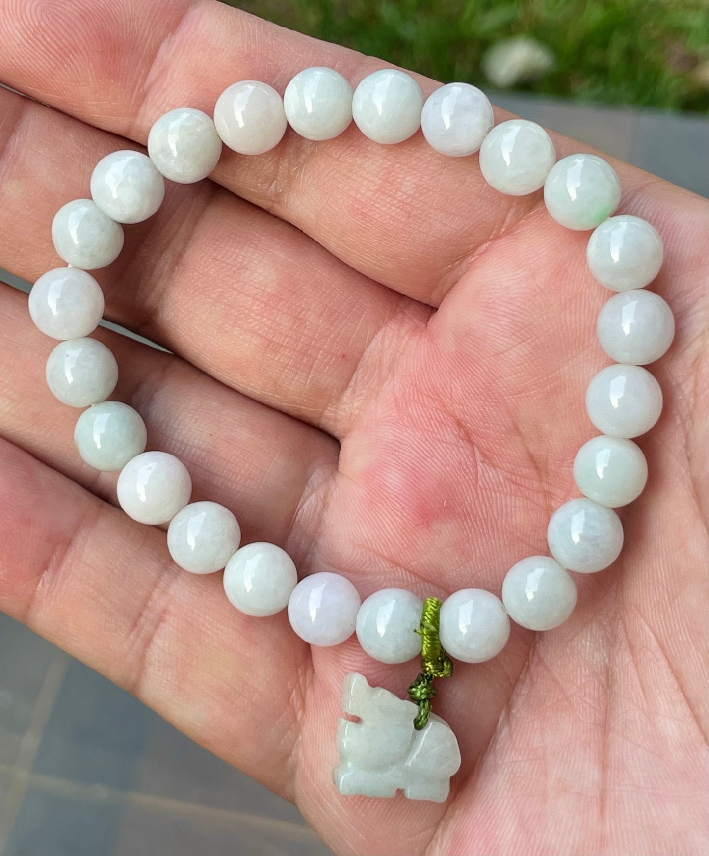 Natural Burmese Jadeite Jade Beaded Bracelet – Icy Milky White, Faint Green Hues – Hand-Carved Tiger Pendant – 8mm – JBB182