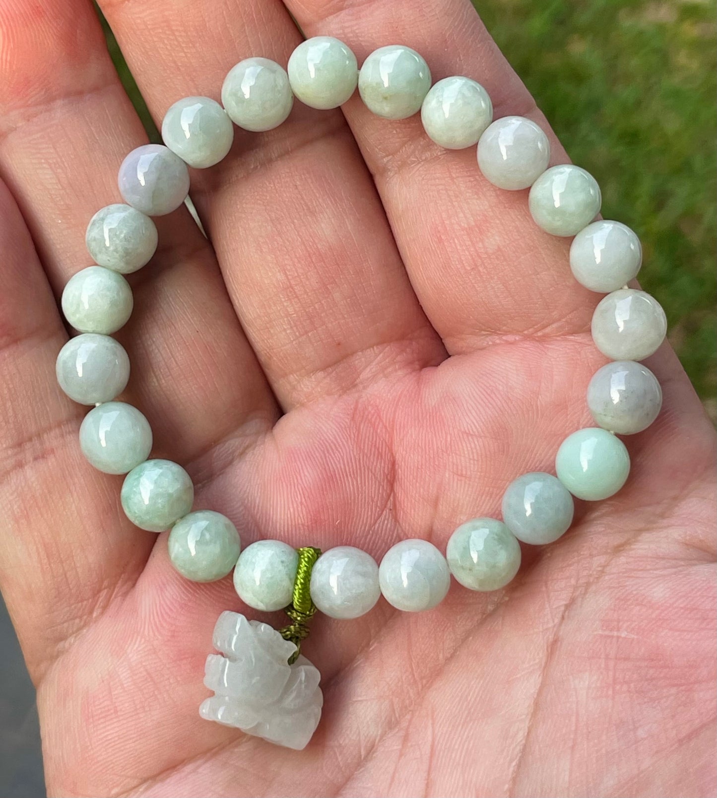 Natural Burmese Jadeite Jade Beaded Bracelet – Icy White & Apple Green – Hand-Carved Tiger Pendant – 8mm – JBB183