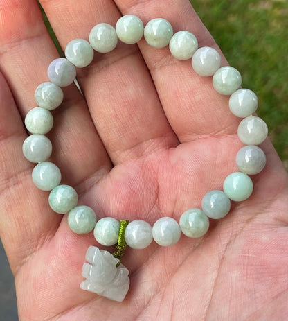 Natural Burmese Jadeite Jade Beaded Bracelet – Icy White & Apple Green – Hand-Carved Tiger Pendant – 8mm – JBB183