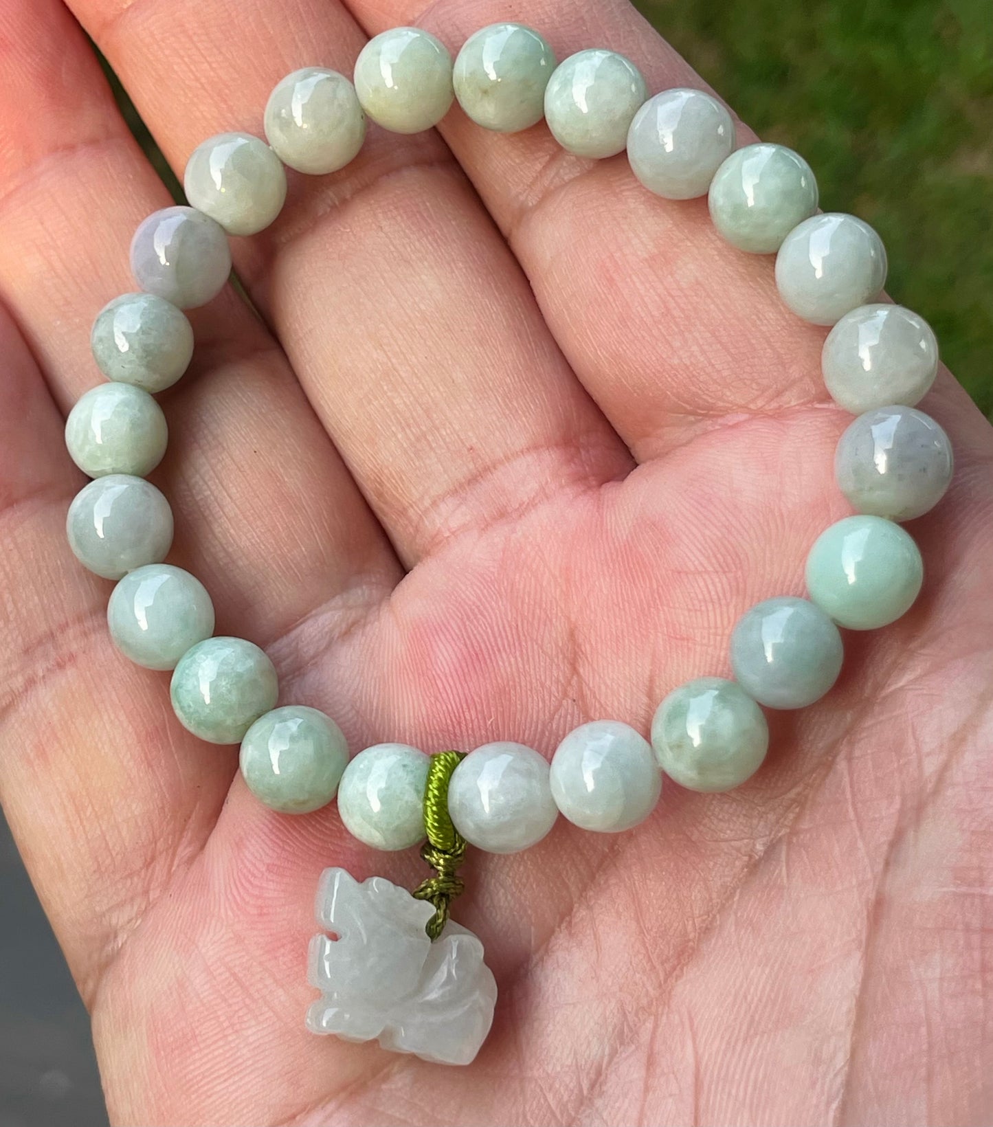 Natural Burmese Jadeite Jade Beaded Bracelet – Icy White & Apple Green – Hand-Carved Tiger Pendant – 8mm – JBB183
