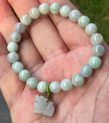 Natural Burmese Jadeite Jade Beaded Bracelet – Icy White & Apple Green – Hand-Carved Tiger Pendant – 8mm – JBB183