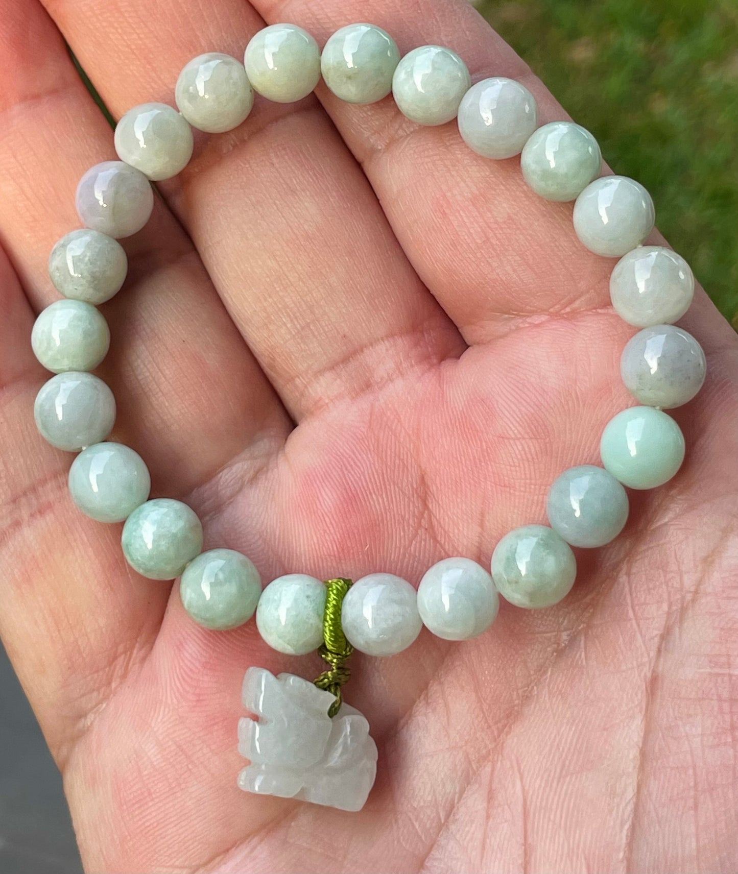 Natural Burmese Jadeite Jade Beaded Bracelet – Icy White & Apple Green – Hand-Carved Tiger Pendant – 8mm – JBB183