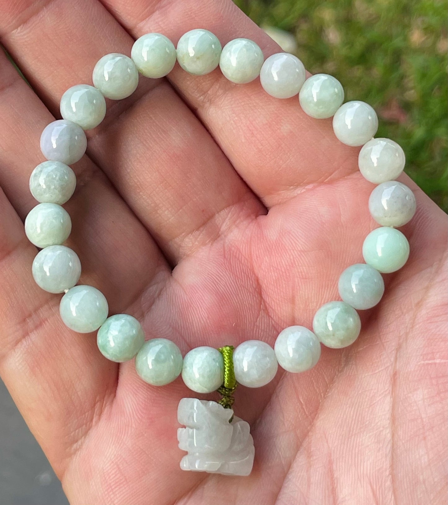Natural Burmese Jadeite Jade Beaded Bracelet – Icy White & Apple Green – Hand-Carved Tiger Pendant – 8mm – JBB183