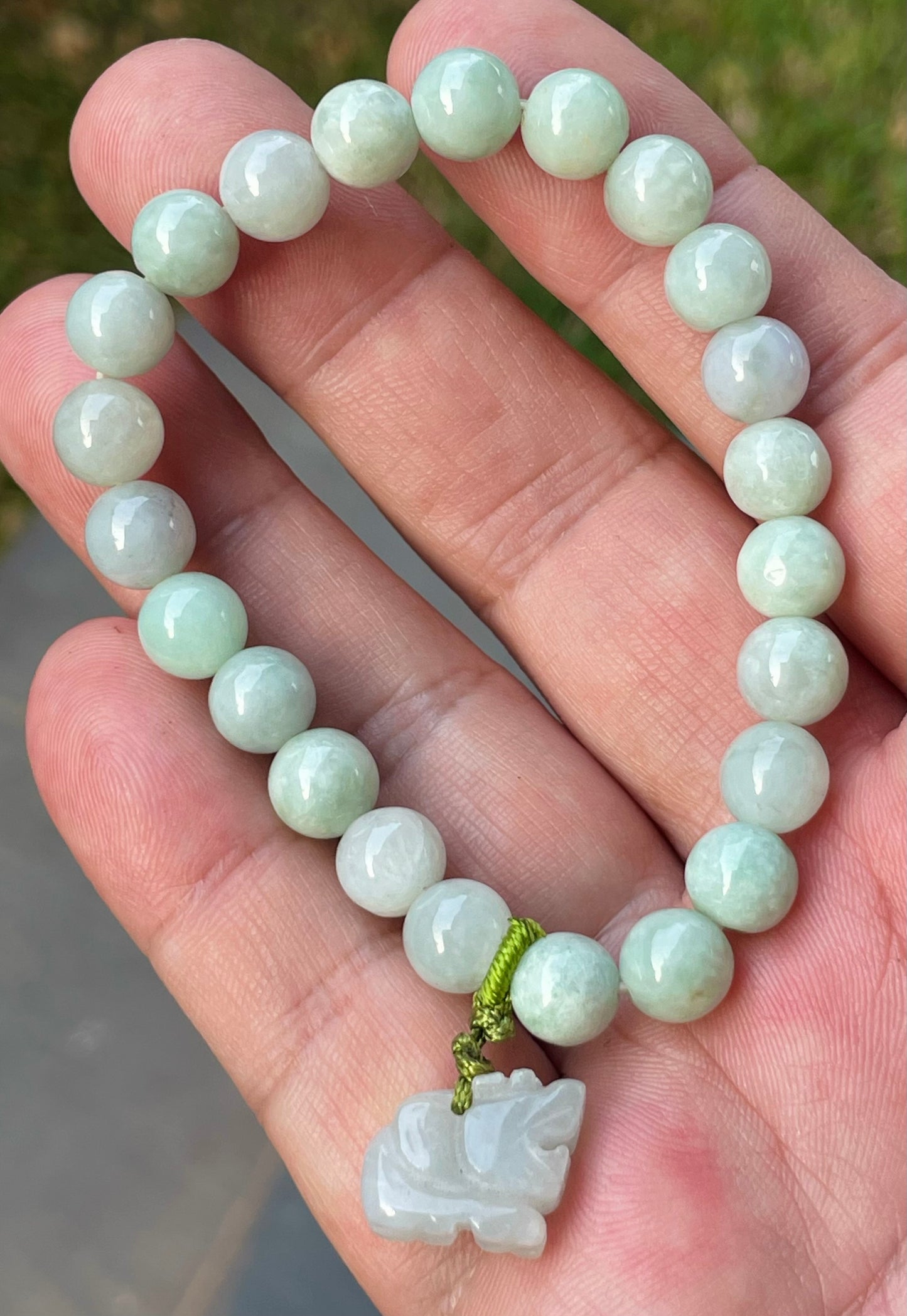 Natural Burmese Jadeite Jade Beaded Bracelet – Icy White & Apple Green – Hand-Carved Tiger Pendant – 8mm – JBB183