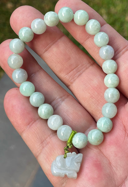 Natural Burmese Jadeite Jade Beaded Bracelet – Icy White & Apple Green – Hand-Carved Tiger Pendant – 8mm – JBB183
