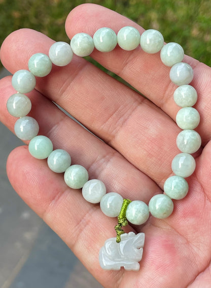Natural Burmese Jadeite Jade Beaded Bracelet – Icy White & Apple Green – Hand-Carved Tiger Pendant – 8mm – JBB183