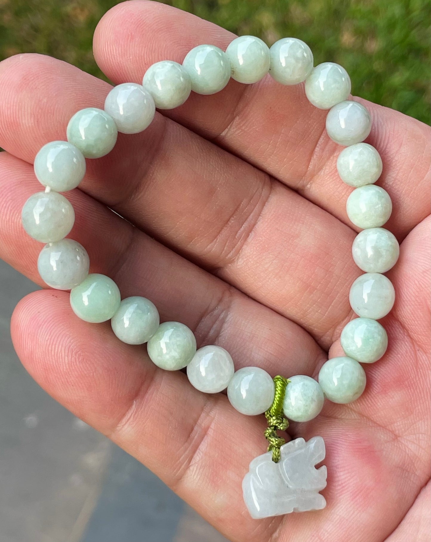 Natural Burmese Jadeite Jade Beaded Bracelet – Icy White & Apple Green – Hand-Carved Tiger Pendant – 8mm – JBB183