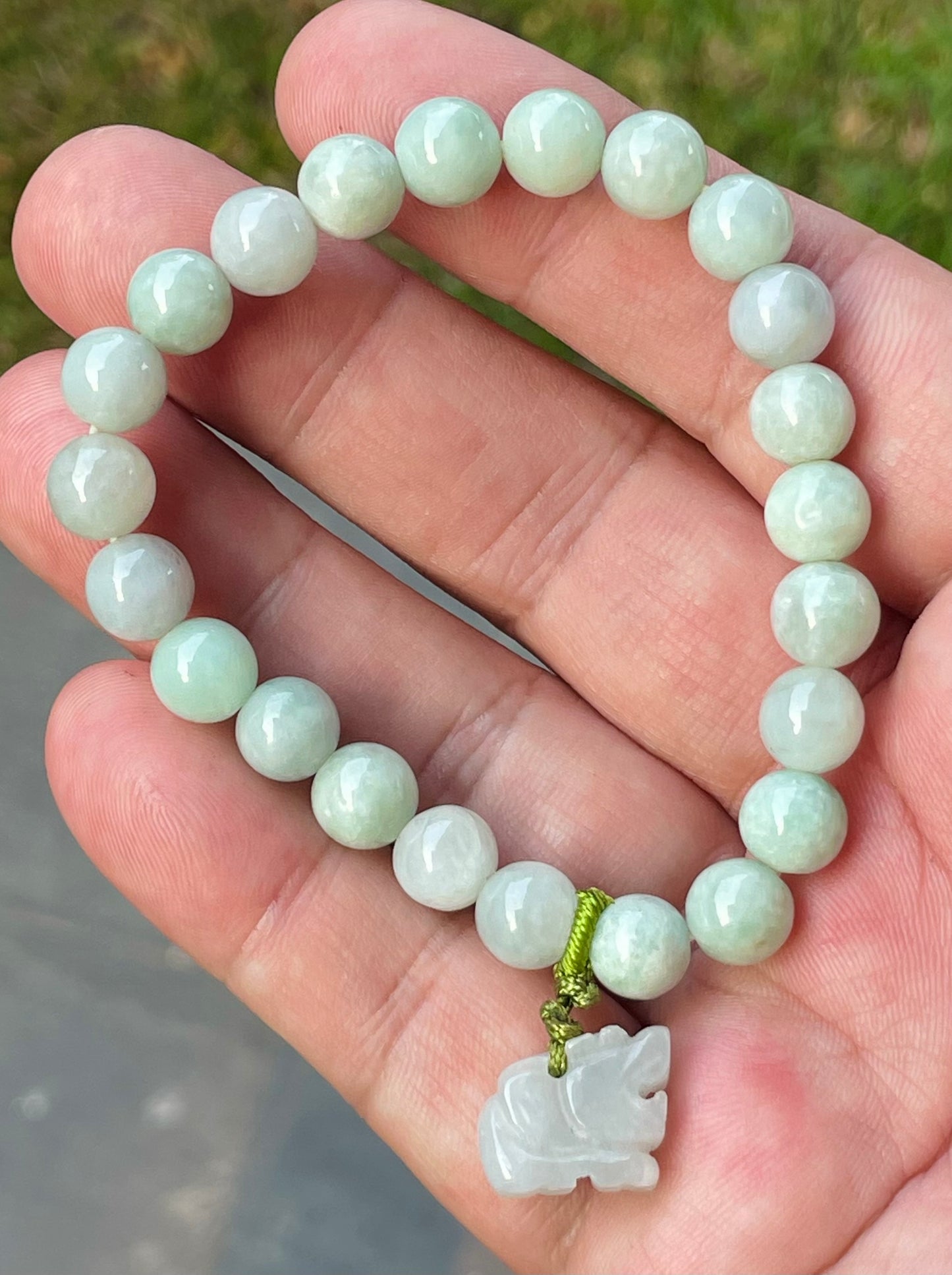 Natural Burmese Jadeite Jade Beaded Bracelet – Icy White & Apple Green – Hand-Carved Tiger Pendant – 8mm – JBB183