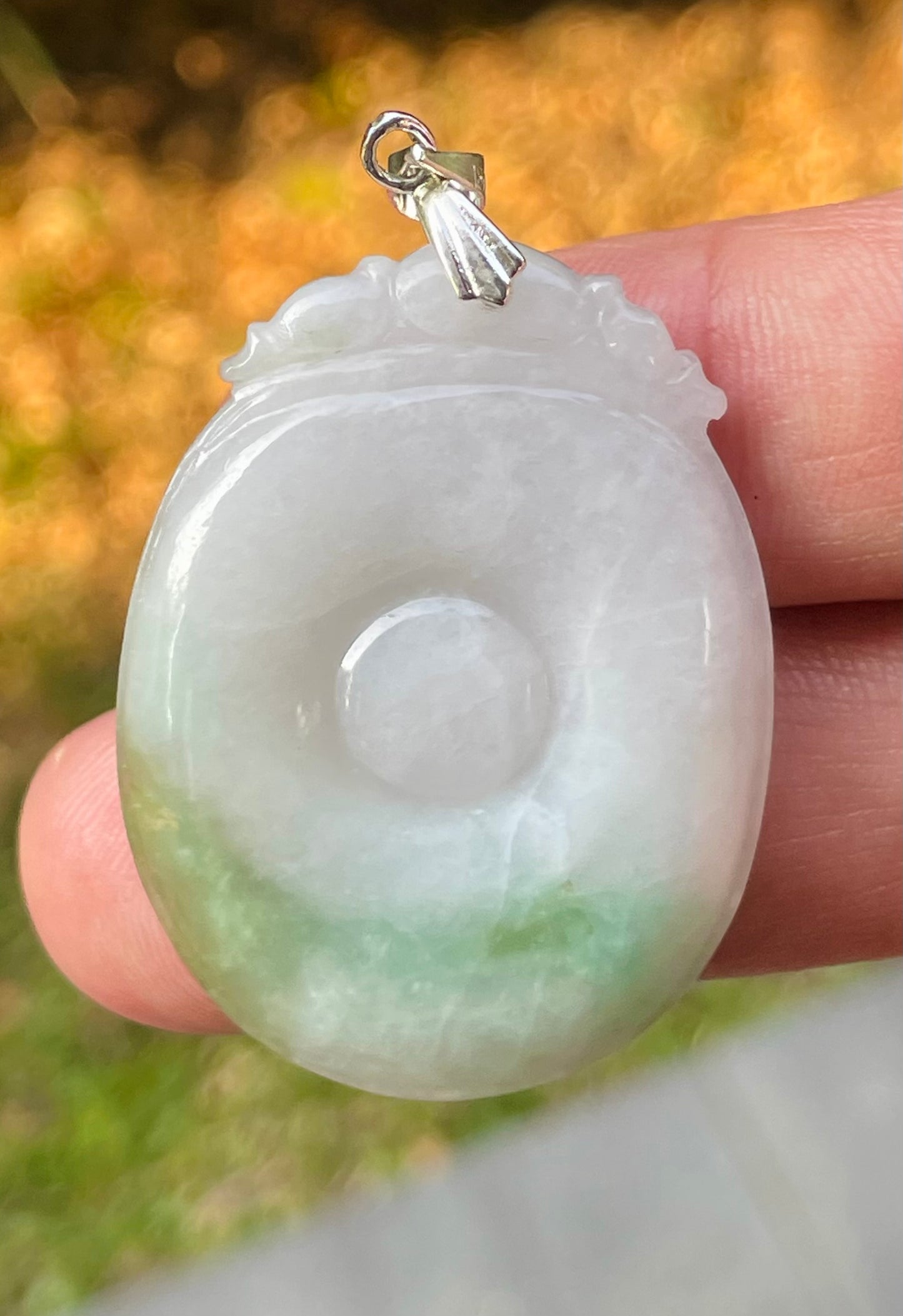 Natural Burmese Jadeite Jade Pendant – White & Imperial Green – Hand-Carved Donut with Ruyi Head Motif – JP083